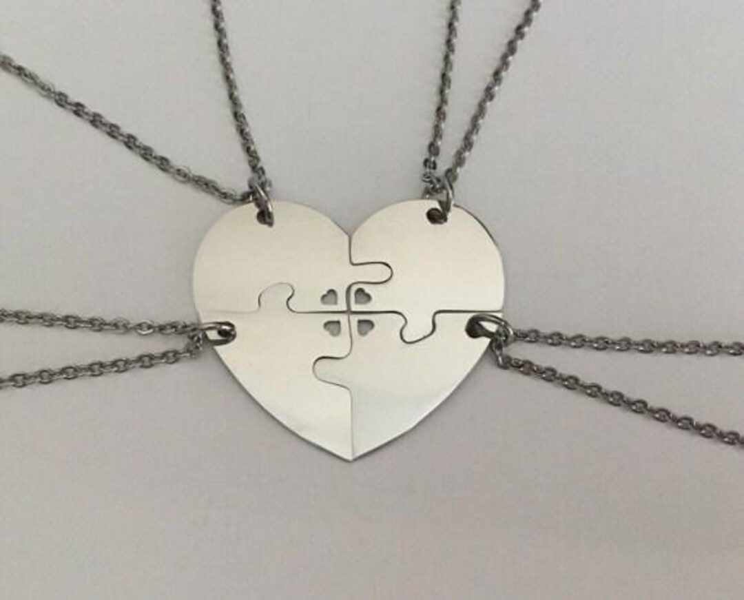 Matching Love Heart Puzzle Necklace Set For Couples - Stainless Steel With CZ, Gift Velvet Bag Included